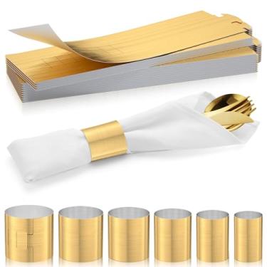 Imagem de ChilStikUni Faixa De Guardanapo Reutilizável Material Polímero, Sem Cola, À Prova Rasgos, Resistente Água E Óleo, Conjunto 50 Faixas (Frente Escovada Dourada Verso Prata), 6 Tamanhos Ajustáveis Anéi