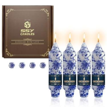 Imagem de Castiçais florais cônicos sem gotejamento - Gedengni 4 peças velas azuis e brancas feitas à mão, velas curtas de 12,7 cm, velas cônicas de flores para jantar de casamento, festa em casa, 7BW