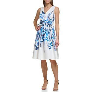 Imagem de Eliza J Vestido floral sem mangas com gola V e estilo flare, Azul, 7