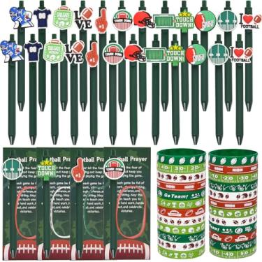 Imagem de LiYiQ 72 peças de lembrancinhas de festa esportivas, canetas esferográficas de futebol, cartão de marcador de livro e pulseira de silicone, presente de futebol para equipe, clubes esportivos, ideias