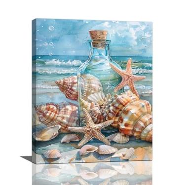 Imagem de Arte de parede de banheiro azul praia decoração de parede tema oceano costeiro concha estrela do mar imagens paisagem marítima impressão em tela pintura arte decoração de casa para quarto sala de