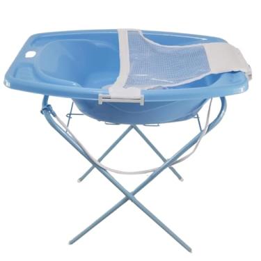 Imagem de BANHEIRA PARA BEBÊ 25 LITROS COM VÁLVULA SUPORTE E REDE ROSA AZUL BRANCA (Azul + Suporte Azul)