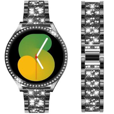 Imagem de DEALELE Pulseira e capa compatíveis com Samsung Galaxy Watch 7/6 / 5/4 de 40 mm e 44 mm / FE 40 mm/5 Pro de 45 mm, pulseiras de metal com strass brilhante de 20 mm com diamante, capa protetora de