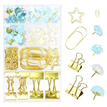 Imagem de Multibey Conjunto de clipes de papel e fichário, 118 unidades, fichários de metal de tamanhos variados com alfinetes, material de escritório dourado fofo para mesa, acessórios de mesa duráveis (azul)