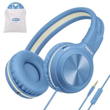 Imagem de SIMOLIO Fones de ouvido com fio, fones de ouvido sobre-auriculares com microfone e volume limitado, dobrável, estéreo, 3,5 mm, para smartphones, Chromebook, laptop, computador, tablets, viagens (azul)