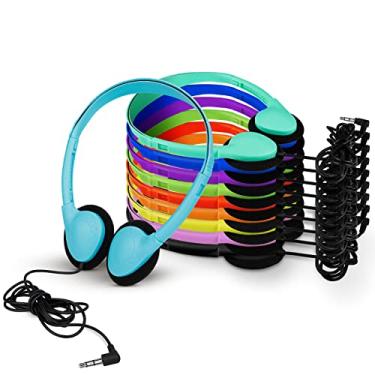 Imagem de YFSFQS Pacote com 100 fones de ouvido para sala de aula para estudantes, crianças, escola, atacado, conjunto de aulas com conector de 3,5 mm para Chromebook, laptop, PC (cores mistas)