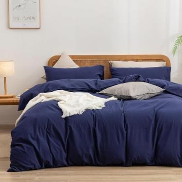 Imagem de Conjunto de capa de edredom Bestouch100% algodão e linho lavado, supermacio, confortável, chique, leve; jogo de cama casal extragrande azul marinho liso com 3 peças
