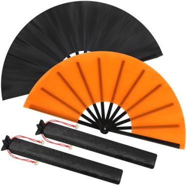 Imagem de Maitys 2 pacotes de leques grandes de palmas para dança em linha, grandes ventiladores chineses dobráveis para homens e mulheres, festivais, tai ji, kungfu, artes marciais, presentes (preto e laranja)