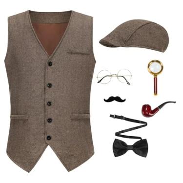 Imagem de AGCOAH Adult Detective Costume 7PCS Set 1920s Mens Sherlock Holmes Light Brown Vest with Hat Magnifying Glass Mustache Halloween Cosplay L