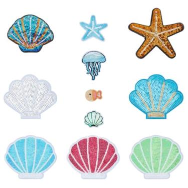 Imagem de MAYJOYDIY 22 peças em forma de concha em forma de estrela do mar, aplique de lantejoulas com tema de mar, aplique de concha de estrela do mar de desenho fofo para roupas, bolsas, jaquetas, jeans