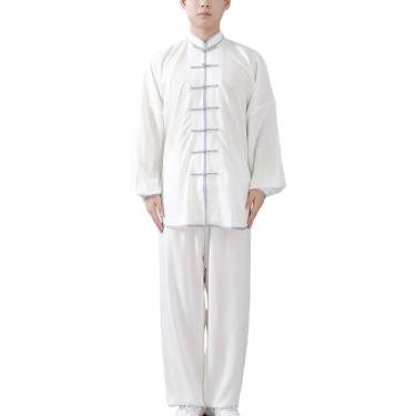 Imagem de Roupa De Tai Chi Em Algodão E Linho Unissex Roupas De Artes Marciais Fantasia De Kung Fu Para Homem E Mulher, White Gray Edge/Long Sleeve, 3XL