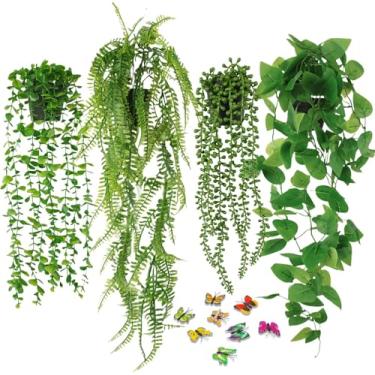 Imagem de EOECL 4 peças de plantas falsas para pendurar videira artificial de hera artificial de eucalipto, samambaia de Boston, cordão de pérolas para casa, prateleira de parede, decoração interna e externa