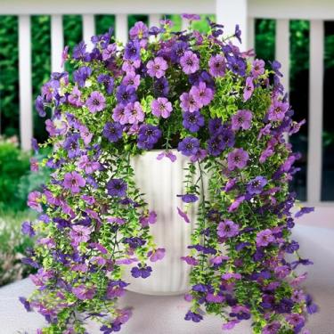 Imagem de Plantas artificiais artificiais para decoração ao ar livre, 2 peças externas falsas mães violetas com eucalipto resistente a UV margaridas realistas para decoração de varanda e varanda (roxo duplo)
