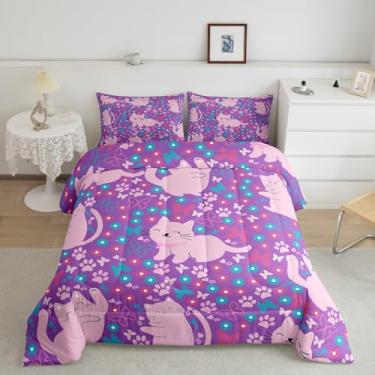 Imagem de meiyoeat Jogo de cama solteiro com estampa floral de borboleta, gato, rosa, para meninos, adolescentes, pata de gatinho, respirável, animal, roxo, 1 edredom com 1 fronha
