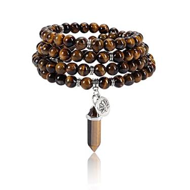 Imagem de Jovivi Pulseira com 108 contas Mala de 8 mm, ametista natural, quartzo rosa, pedra de cura de cristal Mala, colar com contas de oração hexagonal, pedra preciosa de prisma, pingente pontiagudo para meditação de ioga, equilíbrio energético, Cristal, não conhecido,