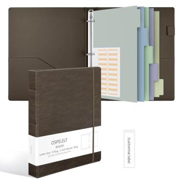 Imagem de Ospelelf Pasta de couro vintage com 3 anéis de 2,5 cm, organizador profissional adequado para documentos de tamanho carta, divisórias de fichário com abas, marrom claro