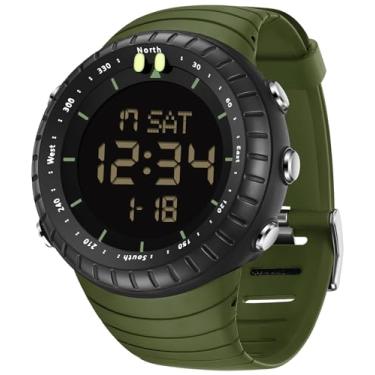 Imagem de findtime Relógio digital masculino tático à prova d'água com números grandes, alarme, cronômetro, esportivo, corrida, militar, relógio de pulso eletrônico simples, Verde, Casual
