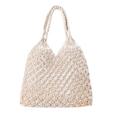 Imagem de SHAREOIU Bolsa feminina de tecido de algodão com alça superior, bolsa de praia de malha de corda feita à mão, Branco
