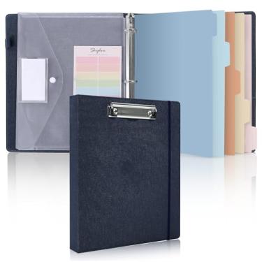 Imagem de SKYDUE Fichário de 3 anéis com prancheta, fichário de linho de 2,5 cm para papel de folha solta de 3 furos, tamanho carta com 5 divisórias, bolso e etiquetas, material escolar e de escritório - azul