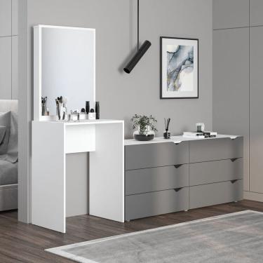 Imagem de Cômoda Penteadeira 6 Gavetas com Espelho Porto Cinza/Branco