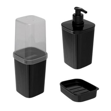 Imagem de Kit Banheiro Porta Sabonete Líquido e Porta Escova de Dente Preto ou Madeira Modelos (Preto)