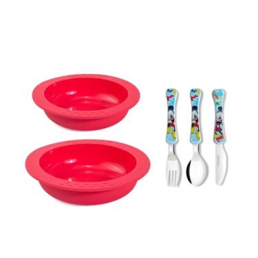 Imagem de Prato Infantil Silicone Vermelho e Talheres Mickey Kids