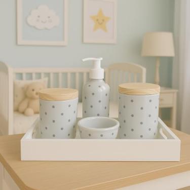Imagem de Kit Higiene poá Bebê em Porcelana, Bandeja Branca, 4 Peças, Potes com Tampa de Madeira, Dispenser, Porta Algodão, Decorativo para Quarto Infantil (Poá Cinza)