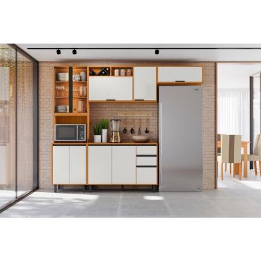 Imagem de Cozinha Completa Poliman Ravena 4 Peças Cristaleira LED Balcão 120cm Freijó Off White