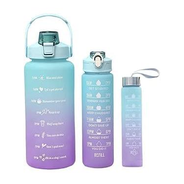 Imagem de Kit 3 Garrafas de Água Degradê com Marcador de Tempo – 2L, 900ml, 300ml | Com Adesivos Decorativos | Alça Removível | Hidratação Diária para Academia, Viagens, Escola e Esportes