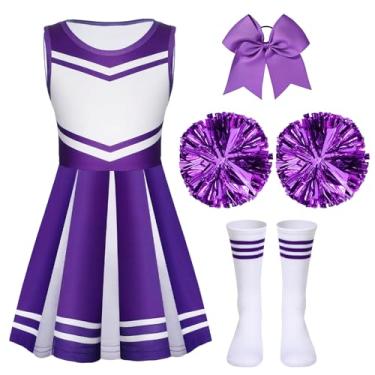 Imagem de Sureio 4 peças de fantasia de líder de torcida para meninas, uniforme de torcida, vestido chique para crianças, presentes de festa de aniversário e cosplay (roxo, 10 a 11 anos)