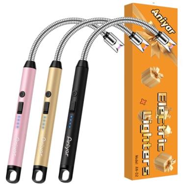 Imagem de Aniyar Pacote com 3 isqueiros elétricos de vela com pescoço flexível de 360° e visor de energia LED, isqueiros longos de arco USB recarregável para acampamento de velas, churrasco, presentes de