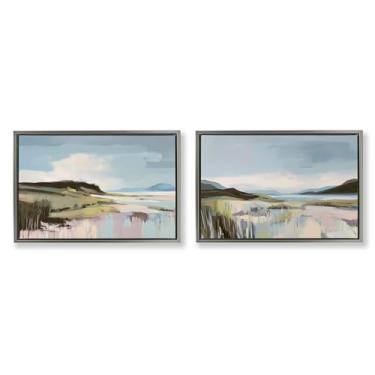 Imagem de Stupell Industries Verdant Coastal Waters 2 peças cinza emoldurado conjunto de tela flutuante design por Elara Yasna, 21 x 31