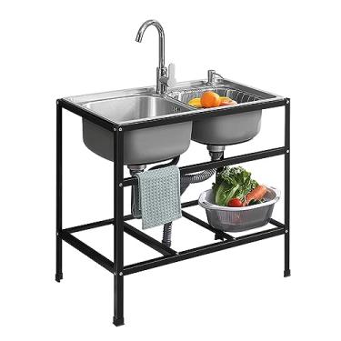 Imagem de Pia de cozinha comercial de aço inoxidável, pia dupla, lavatório, cozinha, casa, com suporte, pia industrial para garagem, restaurante, pia, piscina
