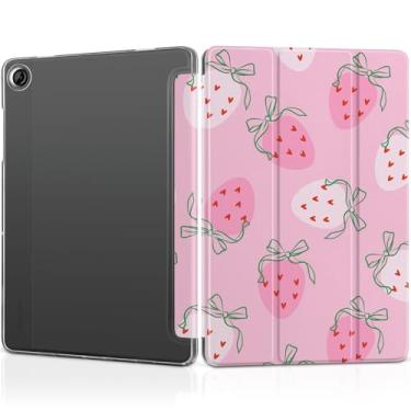 Imagem de MEEgoodo Capa para Samsung Galaxy Tab A9 Plus 27.9 cm 2023 (compatível com o modelo SM-X210/X216/X218), capas para tablet A9+ com textura de seda e capa traseira transparente para PC, morango e laço