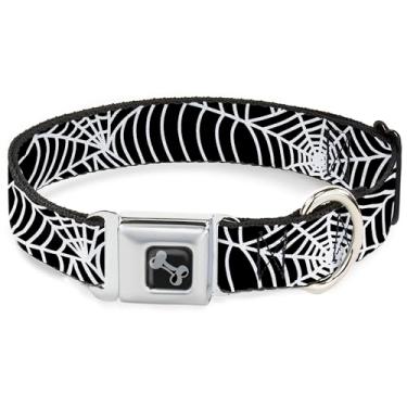 Imagem de Buckle-Down Coleira para animais de estimação, fivela de cinto de segurança de metal, teias de aranha preto e branco, 40,6 a 58 cm de largura