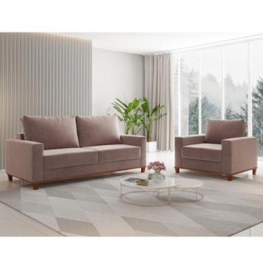 Imagem de Conjunto Estofado Living 3 Lugares + 1 Poltrona Napoles Veludo Rosa - 