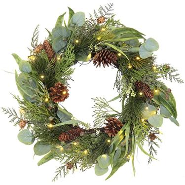 Imagem de Guirlanda de Natal pré-iluminada para porta da frente guirlanda verde iluminada decorada com pinhas, cachos de bagas, ramos de ajuste abundante, guirlandas de Natal de 45,7 cm para janelas de inverno