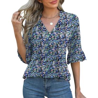 Imagem de Blusa Rapbin Ruffle, manga 3/4, decote em V, botão, azul S