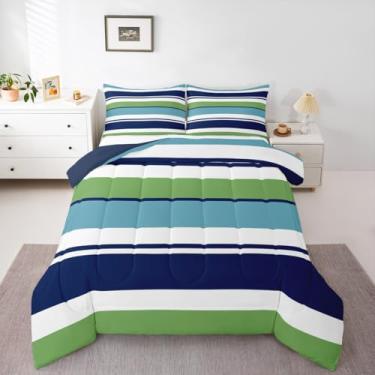 Imagem de Erosebridal Conjunto de edredom para meninos listrado verde azul tamanho duplo listras azul marinho turquesa conjuntos de cama patchwork ombre leve macio para todas as estações edredom alter