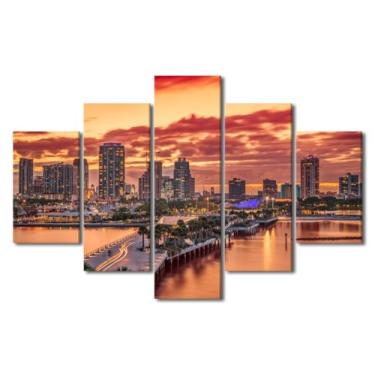 Imagem de Arte de parede em tela para decoração de sala de estar moderna 5 painéis St. Pete Pôster em tela do horizonte da cidade americana impressões em tela para decoração de parede de quarto masculino