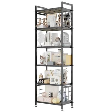 Imagem de GIOTORENT Prateleiras de despensa de 6 camadas com tábuas de madeira, prateleiras de armazenamento resistentes e prateleira de livros, unidade de prateleira de metal ajustável para organizador de