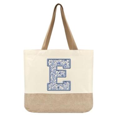 Imagem de Jeteman Sacola de lona inicial, bolsas femininas personalizadas com monograma, presente de aniversário de lua de mel para damas de honra, E, Large