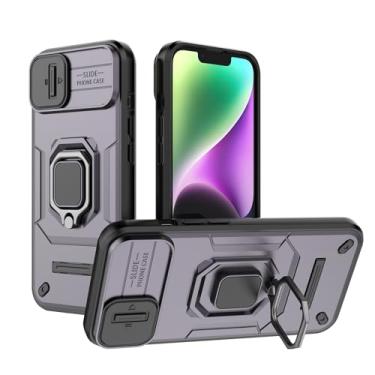 Imagem de SORAKA Capa para iPhone 14 com suporte de anel e capa de câmera deslizante para iPhone 14 com placa de metal para suporte magnético de carro, capa protetora de camada dupla em policarbonato rígido e