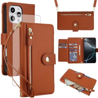 Imagem de Asuwish Capa de celular para iPhone 16 Pro Max 6,9 polegadas com zíper carteira, com protetor de tela de vidro temperado e alça transversal, porta-cartão i Phone16 16Pro i16 ProMax 16ProMax mulheres