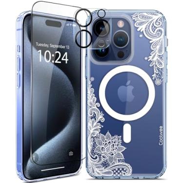 Imagem de Coolwee Capa magnética para Apple iPhone 15 Pro, de 6,1 polegadas, compatível com MagSafe de 2,8 m, proteção de grau militar, antiamarelamento, transparente, TPU, vidro e protetor de tela, mandala fofa de renda branca floral