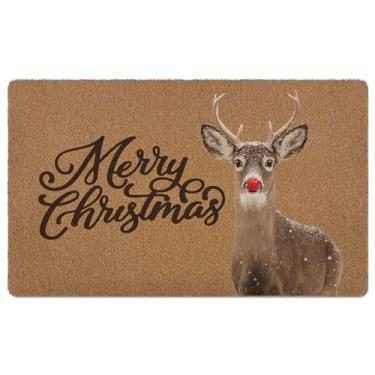 Imagem de huester Tapete de porta de boas-vindas Merry Christmas, tapete rústico de inverno vermelho nariz cervo Natal feriado decorativo casa interior exterior varanda entrada exterior capacho de boas-vindas