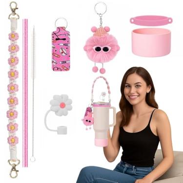 Imagem de Kit de acessórios de copo rosa de 8 peças para Stanley Cup, Yeti, Simple Modern, Owala & Hydro Flask – Inclui alça de alça, bota de silicone, tampa de garrafa, capa de palha, pingentes, canudo e