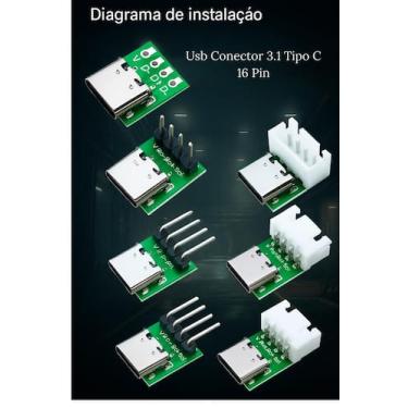 Imagem de Adaptador USB Tipo C Verde 16 Pinos Placa PCB Conversão Solda DIY Ener