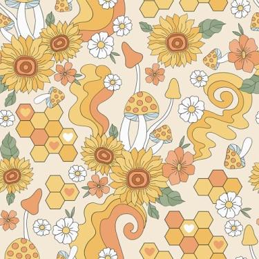 Imagem de VEELIKE Papel de parede floral retrô Groovy Hive Peel and Stick Boho Sunflower Cogumelo Papel de parede para cozinha quarto 48 x 39 cm, autoadesivo, removível, amarelo, floral, papel de contato para