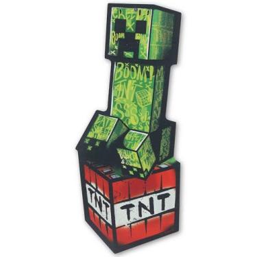 Imagem de Placa de metal Minecraft Creeper - Minecraft Creeper sentado no bloco TNT gráfico para salas de jogos e decoração infantil